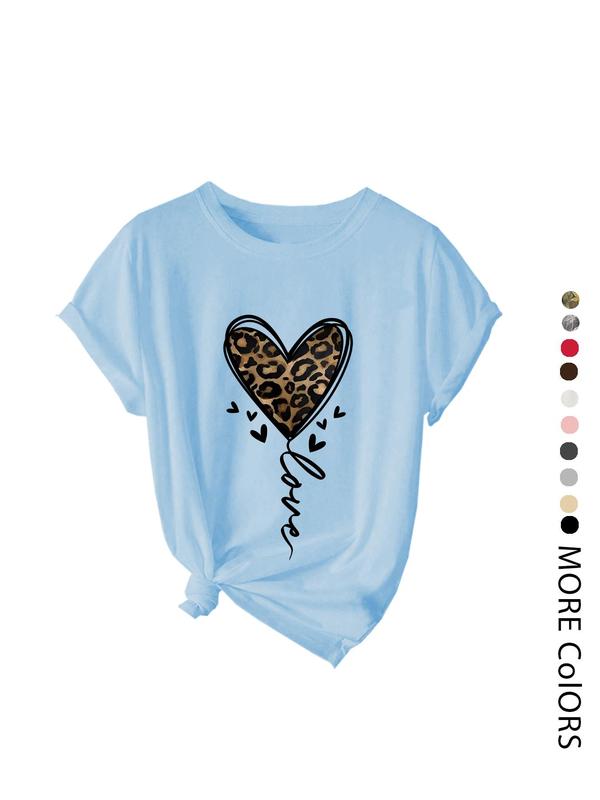 Women's Heart & Leopard Print Drop Shoulder Tee, Casual Half Sleeve Round Neck T-Shirt for Daily Wear, Ladies Clothes for All Seasons, Graphic Tees Women, Women's Clothing, Womenswear 5