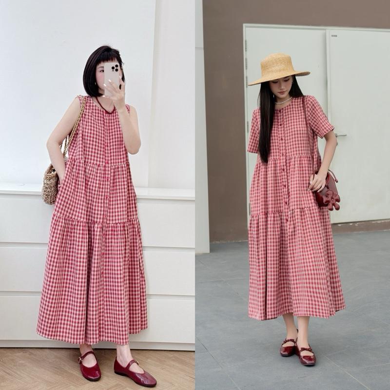 PETBYCHANG - Váy babydoll kẻ đỏ dáng suông có 2 phiên bản sát nách và cộc tay