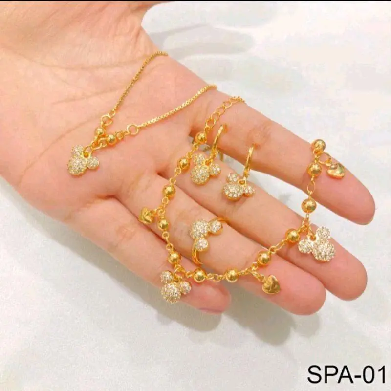 PROMO COD SATU SET PERHIASAN ANAK ANAK PEREMPUAN TITANIUM GOLD KOMPLIT KALUNG GELANG ANTING CINCIN MOTIF MIKYMOUS MATA ANTI LUNTUR Fashion Costume 4