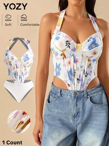 YOZY Women's Floral Print Bodysuit, Casual Sleeveless Halter Neck Bodysuit for Beach Holiday Vacation, Ladies Clothes for All Seasons