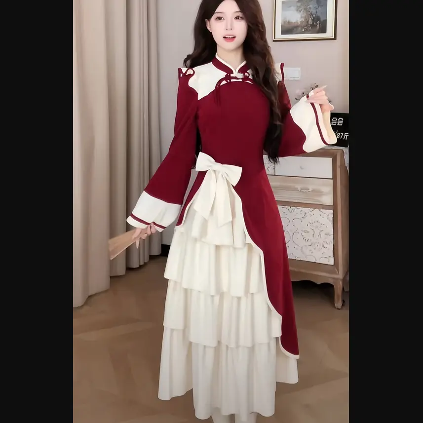 Váy Khâu Cải Tiến Phong Cách Trung Quốc Mới, Yao Luo Zhu Ying, Váy Dài Giả Hai Lớp, Đồng Phục Quân Đội Cổ Trang Năm Mới, Màu Đỏ Trung Quốc Thanh Lịch Nữ Women Dress Khuy
