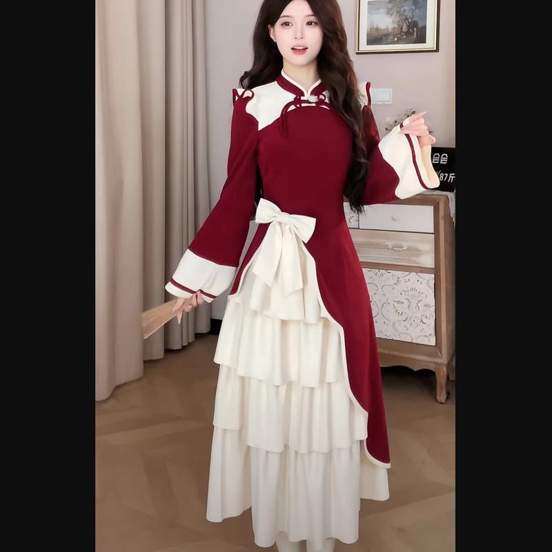 Váy Khâu Cải Tiến Phong Cách Trung Quốc Mới, Yao Luo Zhu Ying, Váy Dài Giả Hai Lớp, Đồng Phục Quân Đội Cổ Trang Năm Mới, Màu Đỏ Trung Quốc Thanh Lịch Nữ Women Dress Khuy 0