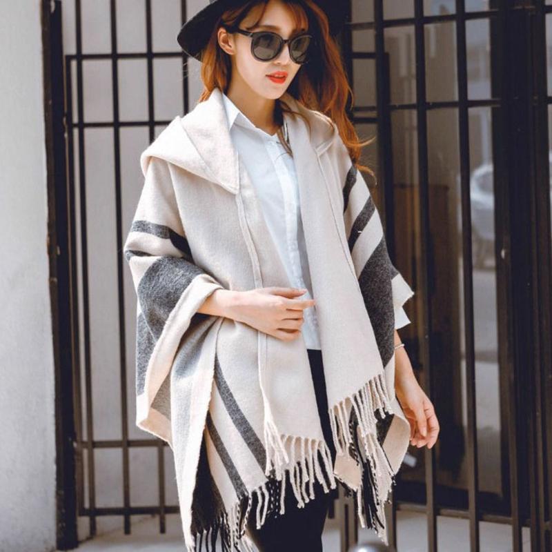 Fashion Winter Warm Fleece Shawl Hooded Imitation Cashmere Wraps Scarf Thicken Cloak Cardigan 6
