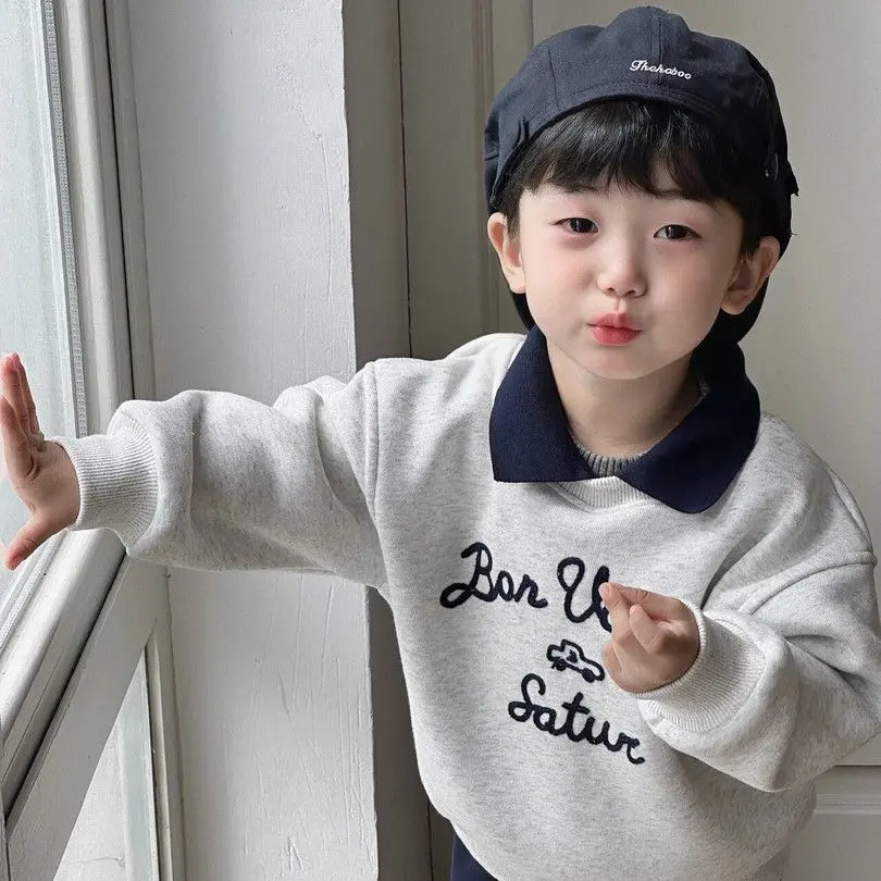 Áo Len Áo Chui Đầu Mùa Thu Và Mùa Đông, Dành Cho Bé Trai, Phong Cách Hợp Xu hướng, Lót Lông Cừu, Có Đệm Ve Áo, Thời Trang, Phong Cách Phương Tây, Hàng Mới Về Năm 2024
