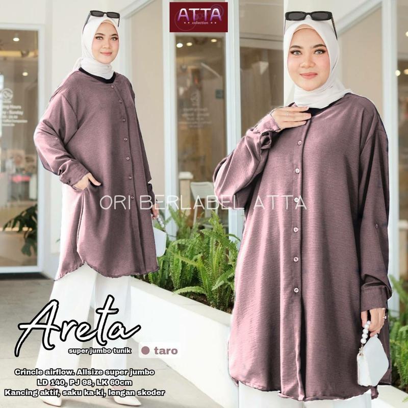 Product Introduction of Atasan Wanita Kemeja  Polos Areta Tunik Jumbo LD140 Bahan Crincle Airflow Full Kancing Oversize Muslim 29
