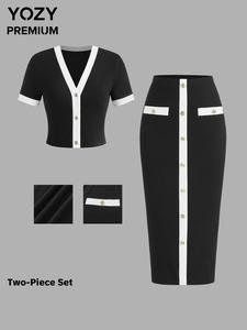 YOZY Women's Colorblock Print Ribbed Two-piece Set, Casual Fashion V Neck Short Sleeve Top & Skirt for Daily Outdoor Wear, Ladies Clothes for Summer