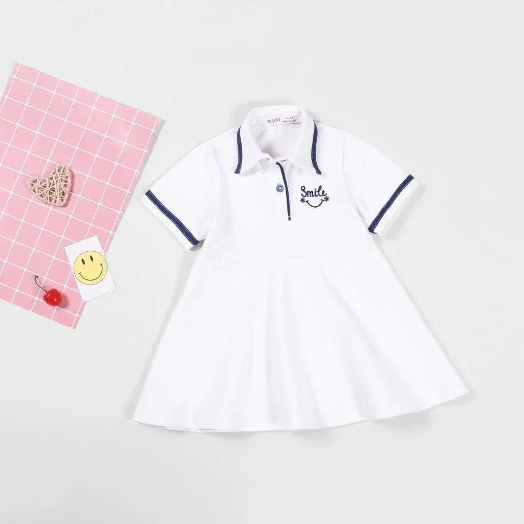 Đầm Polo Xòe Bé Gái Thêu Chữ Smile