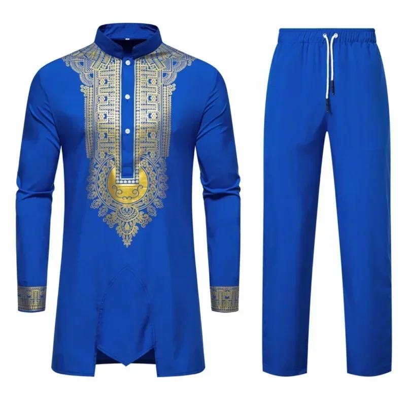 Product Introduction of New Personality Men's Long Sleeve Shirt Sets Leisure Dinner Print Design Medium Long Clothes for Men 8