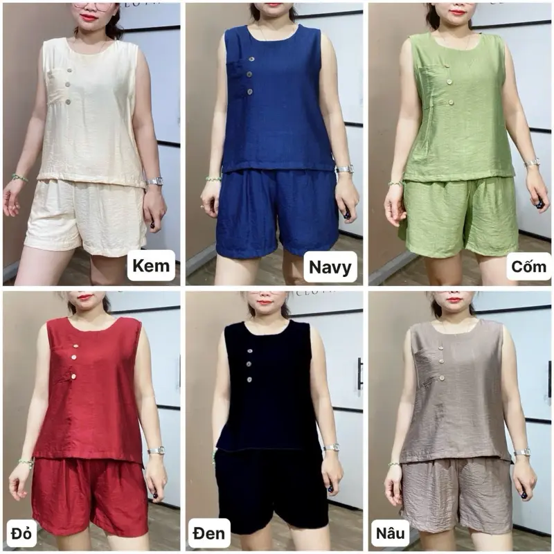 (B4) Shu clothes - Bộ đũi sát nách quần đùi vải đũi tơ thoáng mát, giặt máy tiện lợi, thoải mái mặc nhà cho nữ, size 40-80kg Nữ women
