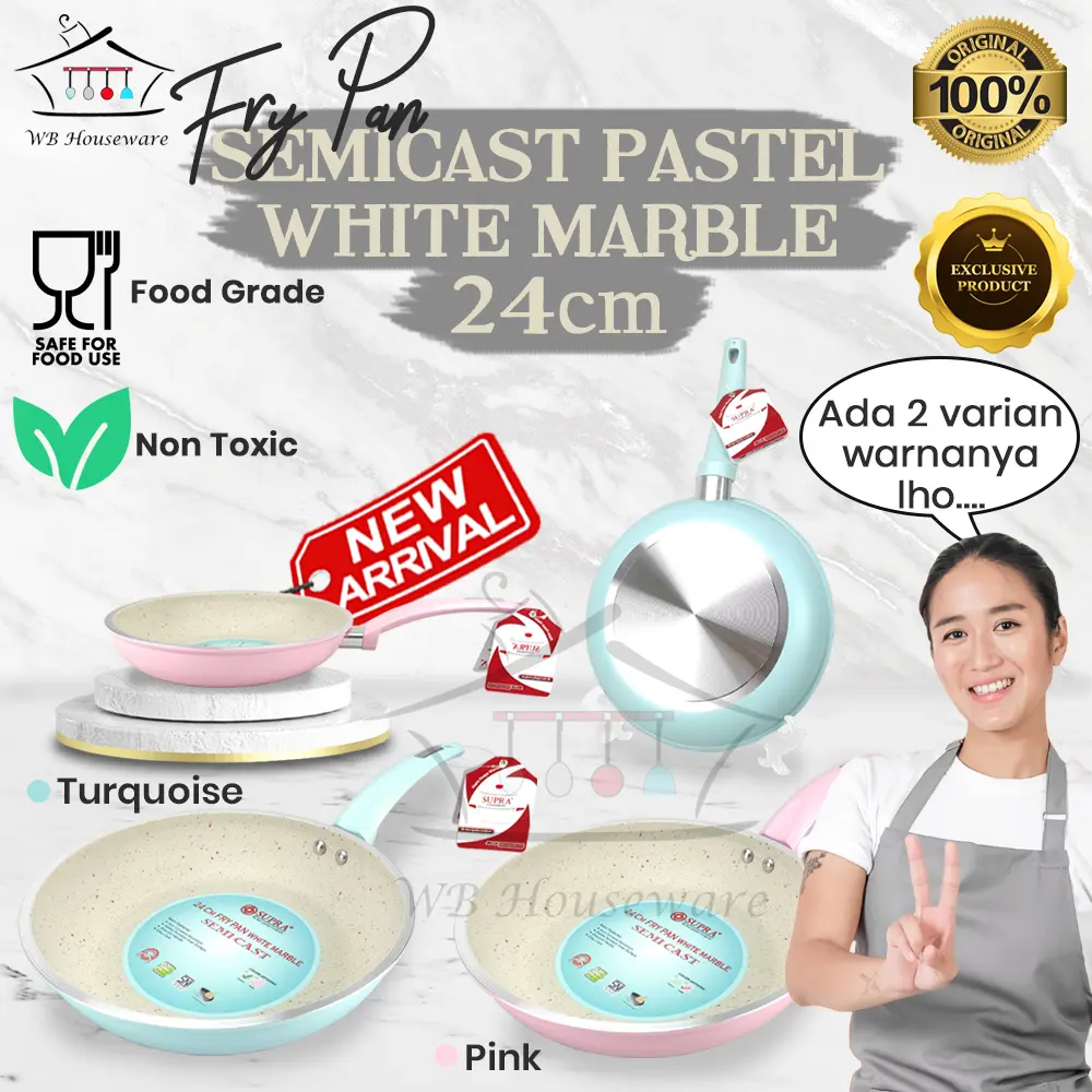 SUPRA semi cast panci supra 24cm anti lengket white marble fry pan pastel series exclusive premium quality panci /Alat Masak Penggorengan