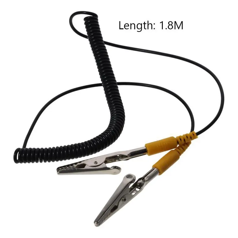 Cáp nối đất chống tĩnh điện PU, Dây Cuộn Dây 2mm 180cm / 71 ", Dây dài, Polyurethane, Màu đen, với kẹp cá sấu đôi, Kiểu móng vuốt 2