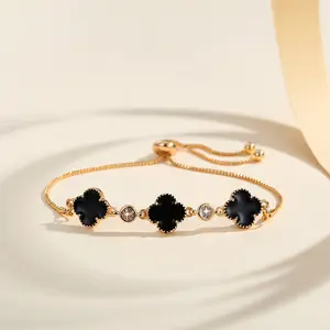 Gelang Emas Titanium Wanita Gelang Tangan Clover Kristal Berlian Gelang Perhiasan Mewah LM213