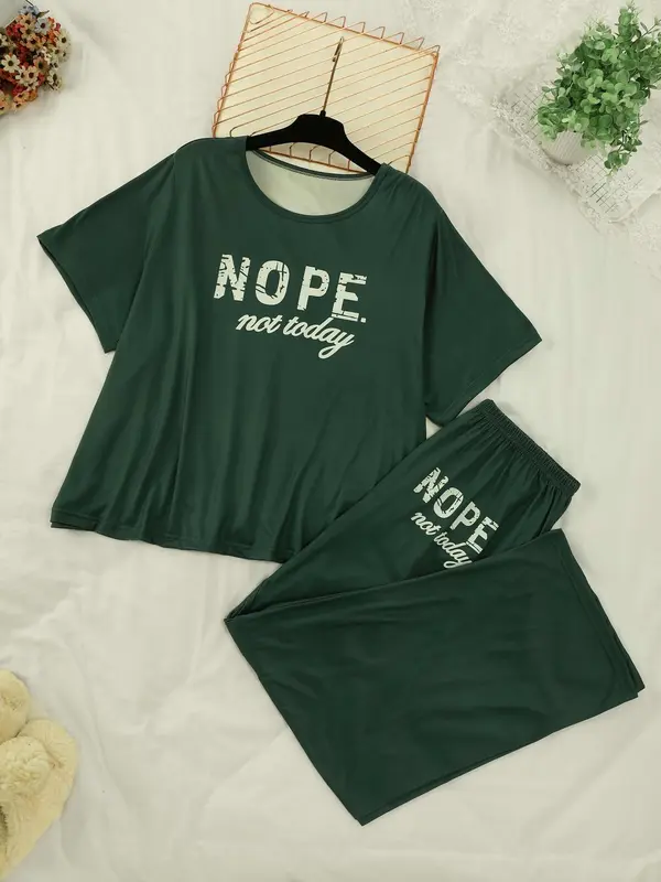 【Plus Size】 Letter Print Short Sleeve Tee & Pants Pajama Two-piece Set, Casual Comfy Round Neck T-shirt & Trousers Pajama Set, Women's Sleepwear for Summer 3