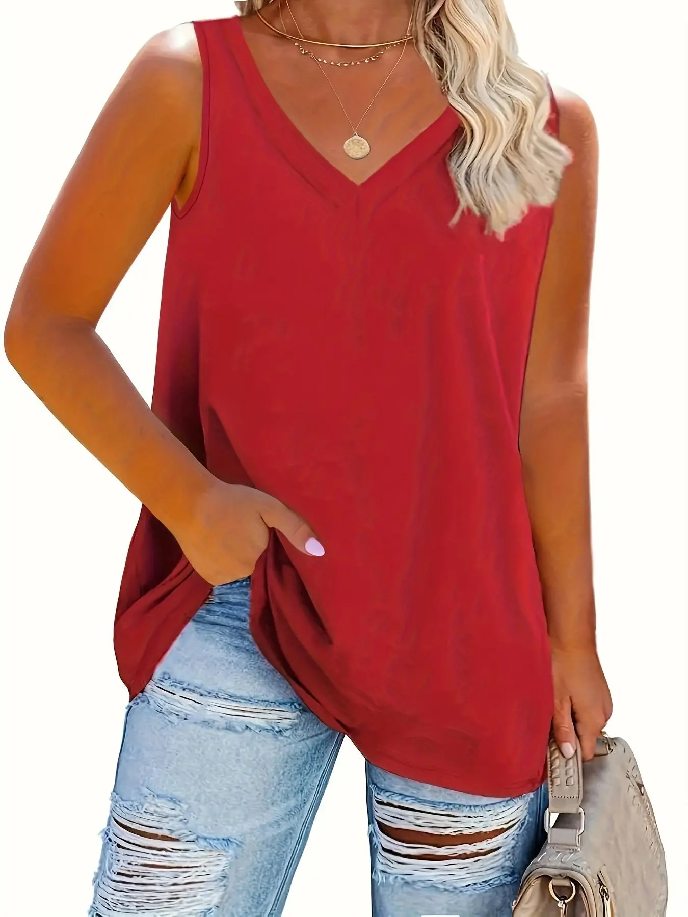 Plus Size Solid V Neck Tank Top, Casual Sleeveless Top for Summer, Women's Clothing for Daily Wear