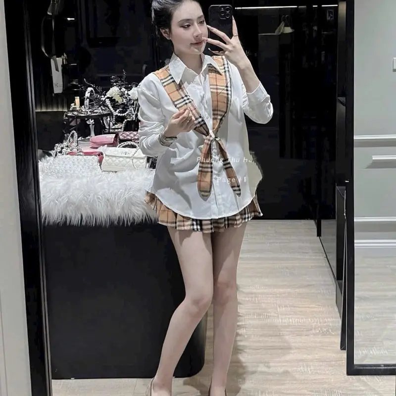 Áo sơ mi thêu BB chất lụa không nhăn + chân váy mix khăn choàng kẻ vàng BB tặng kèm