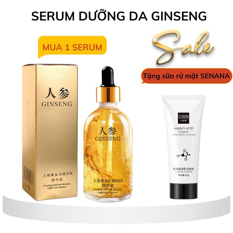 (Mua 1 Tặng 1) Serum Dưỡng Trắng Da GINSENG Với Tinh Chất Nhân Sâm Giúp Dưỡng Ẩm Làm Sáng Da Và Cải Thiện Nếp Nhăn Mang Đến Cho Bạn Làn Da Mịn Màng Tươi Trẻ Tặng Ngay Sữa Rửa Mặt SENANA 60g