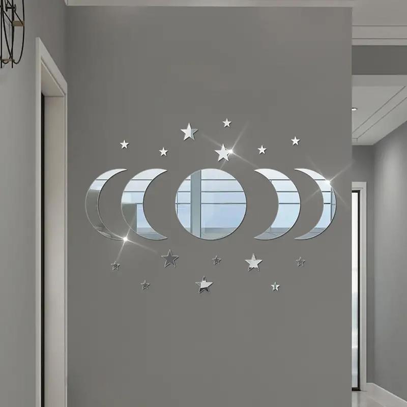 Star & Moon Pattern Mirror Decorative Wall Tiles Sticker, 1 Set Self Adhesive Wall Decor, Decor Sticker for Home Bedroom Living Room 4