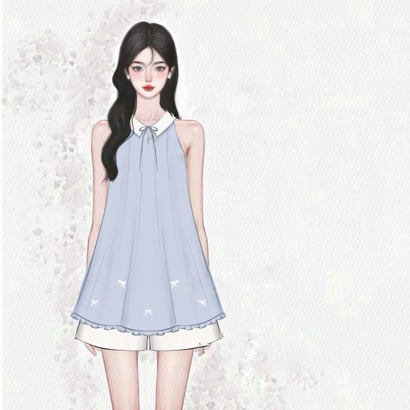 Set áo tơ đính nơ cổ phối màu kèm quần short, set bộ thường mặc kèm quần short dilyshop - A118