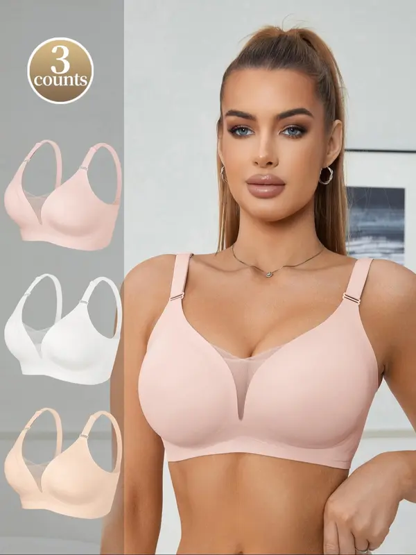 Women's Solid Color Mesh Patchwork Seamless Wireless Bra, Casual Comfortable Breathable Adjustable Strap Anti-Sagging Full Coverage Bra, Lingerie for All Seasons 6
