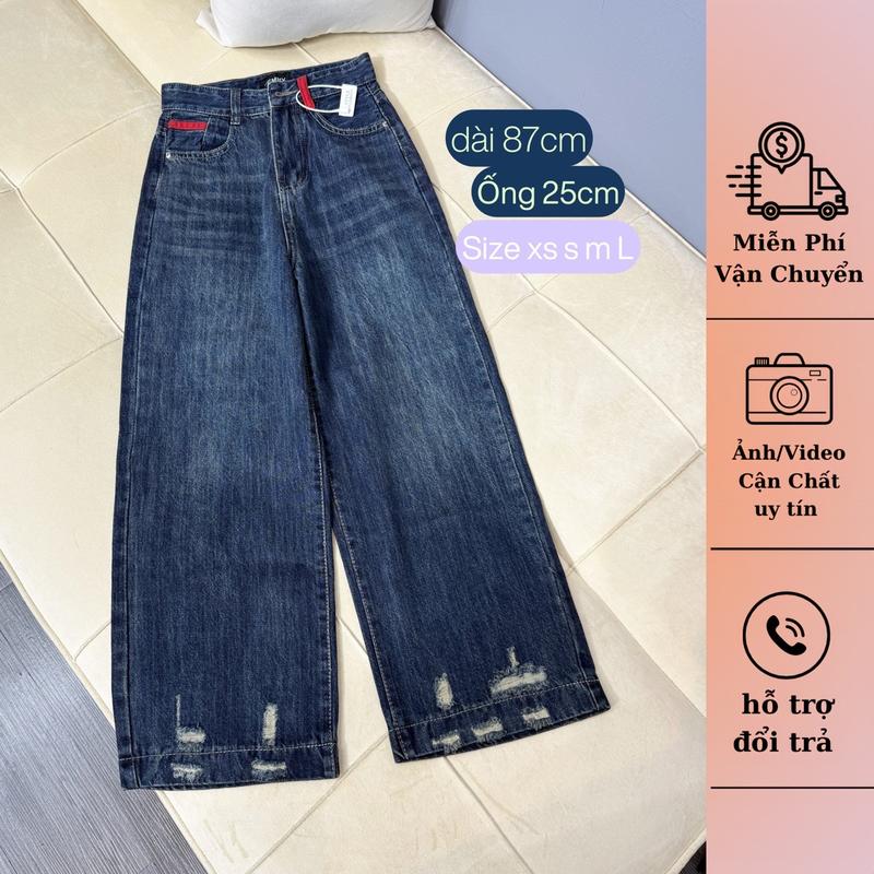 (87cm) M36 - SHOP NHÍ Quần Jean Nữ Suông Rông Nấm Rách Dưới QC . Đủ Size XS/S/M/L jean ko giãn - Women Pants Voi quan