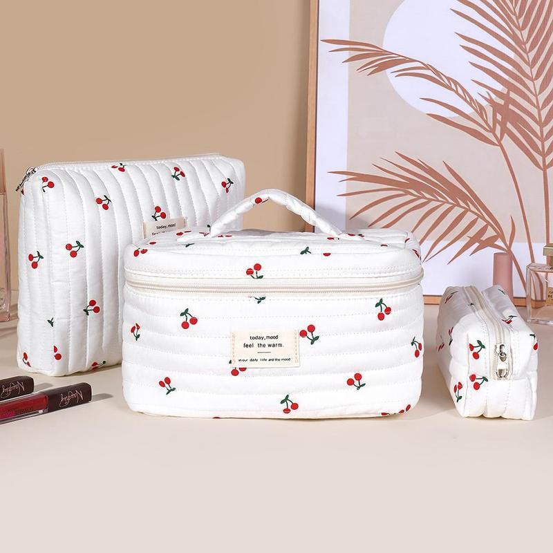 Cherry Pattern Quilted Makeup Storage Bag Set, 3 Counts/set Large Capacity Cosmetic Storage Bag, Zipper Makeup Organizer Pouch for Skincare, Lotion, Cream, Makeup Tool 6