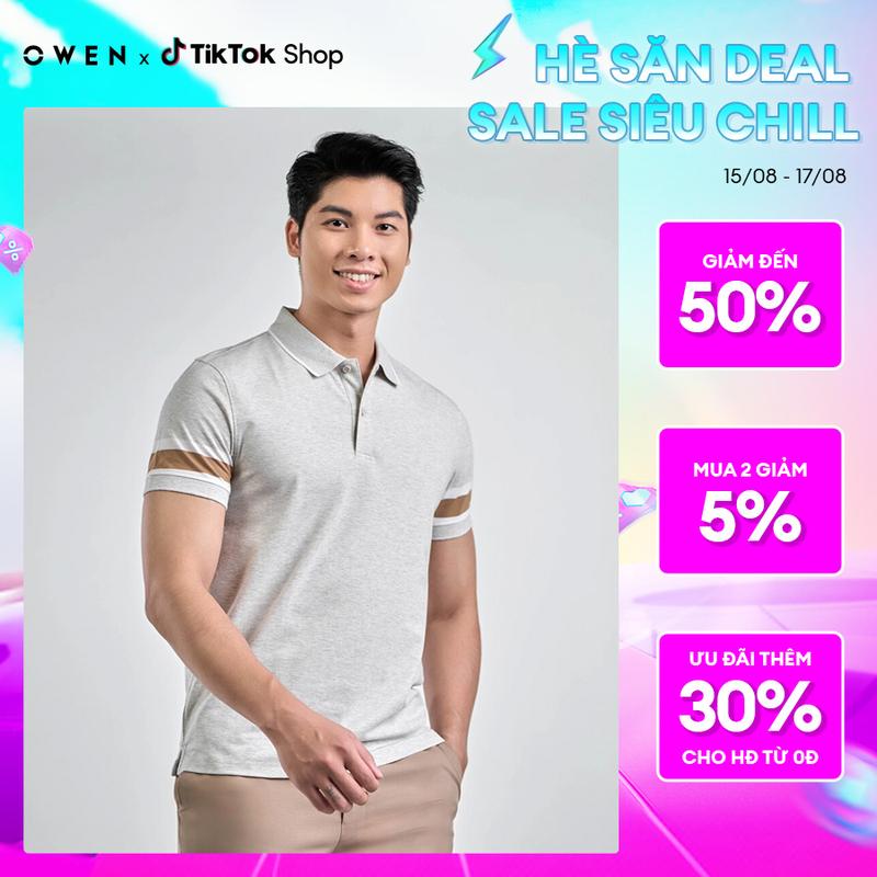 OWEN - Áo polo Nam Ngắn tay Body Fit APV231387 màu Xám Melange chất liệu CVC Spandex Hoạ tiết Kẻ ngang Menswear