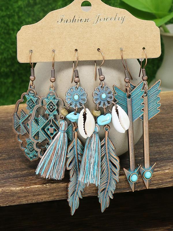 Boho Turquoise Texture Shell Tassel Hollow Arrow Feather Decor Dangle Earrings (3 Pairs), Vintage Trendy Dangle Earrings, Fashionable Jewelry for Women for Daily & Party Decoration Gifts 4