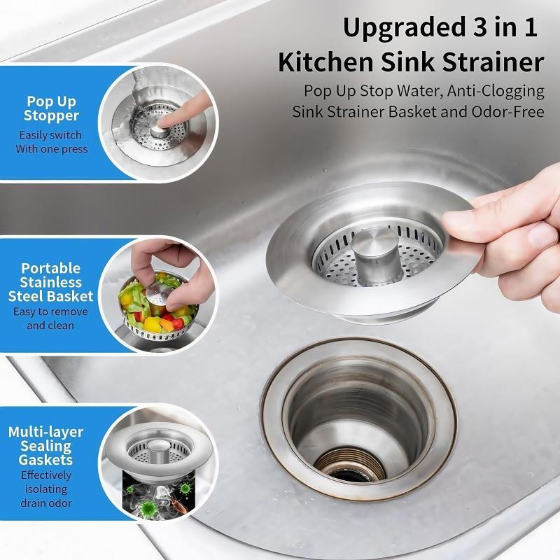 3 in 1 Kitchen Sink Drain Strainer, Stainless Steel Sink Stopper, Anti-clogging Sink Food Catcher Basket, Fast Drainage Odor Filter Sink Plug for US Standard 3 1/2 Inch Drain, Drain Cover 5