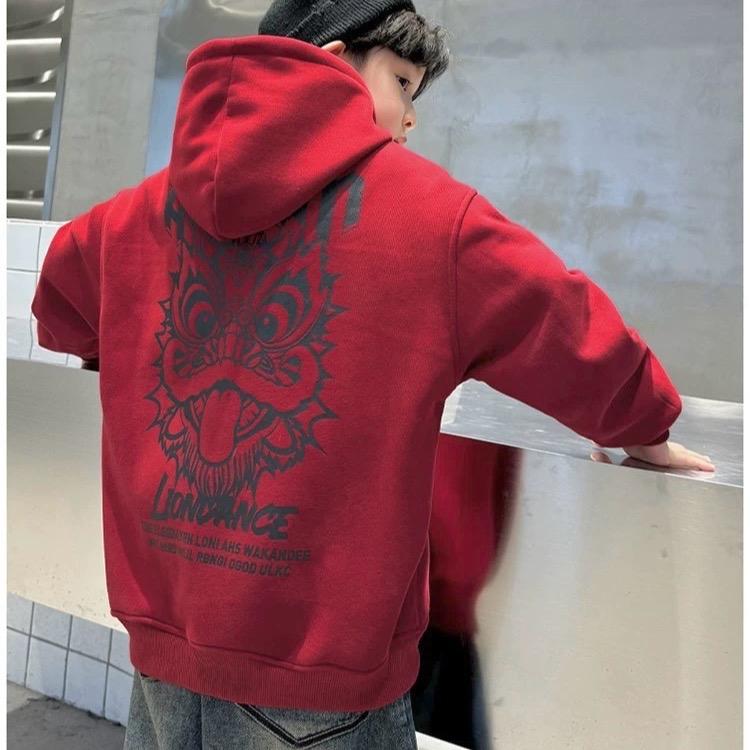 [22-50KG] ÁO NỈ HOODIE ĐỎ DÀI TAY CÓ LÓT LÔNG DÀY ẤM IN HOẠ TIẾT LION, ÁO MẶC TẾT, ÁO MŨ DÀY ẤM 2