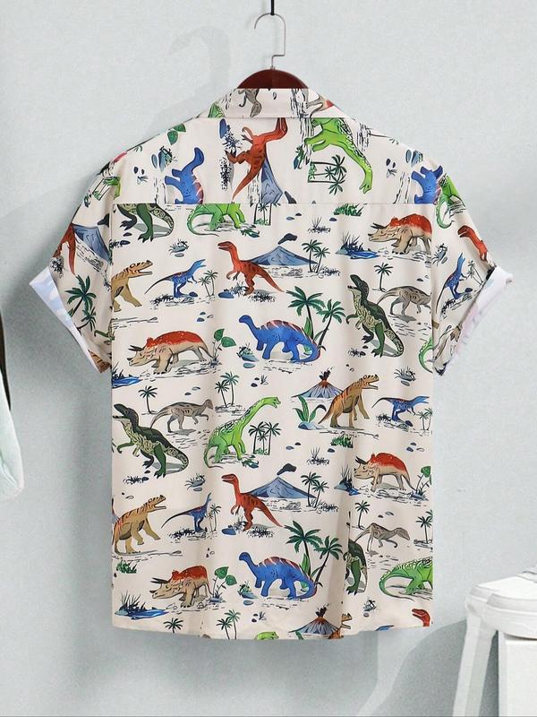 Men's Dinosaur Print Short Sleeve Shirt, Casual Regular Fit Button Up Top for Summer, Men's Clothes for Beach Vacation, Menswear 1