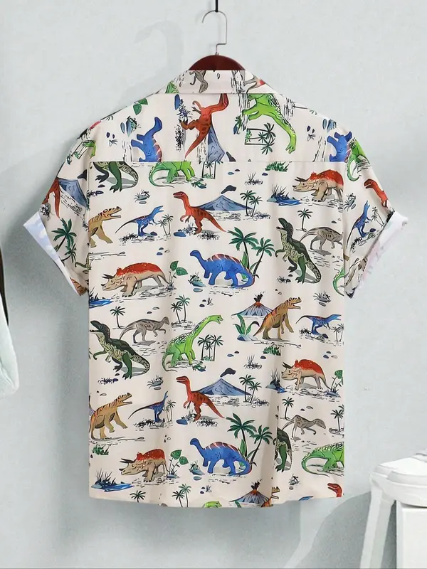 Men's Dinosaur Print Short Sleeve Shirt, Casual Regular Fit Button Up Top for Summer, Men's Clothes for Beach Vacation, Menswear 1