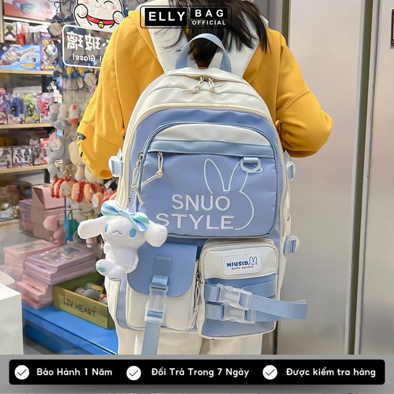 Balo nữ đi học, Cặp đi học nam nữ nhiều ngăn tặng kèm gấu ELLY, ba lô đi học đựng laptop chống nước phong cách Hàn quốc Đeo Vai 72 Bag Da