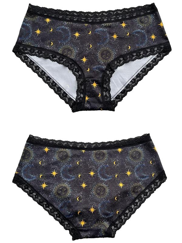Plus Size Galaxy Print Contrast Lace Knicker, Casual Soft Comfy Panty for Daily Wear, Women's Underwear for All Seasons 2