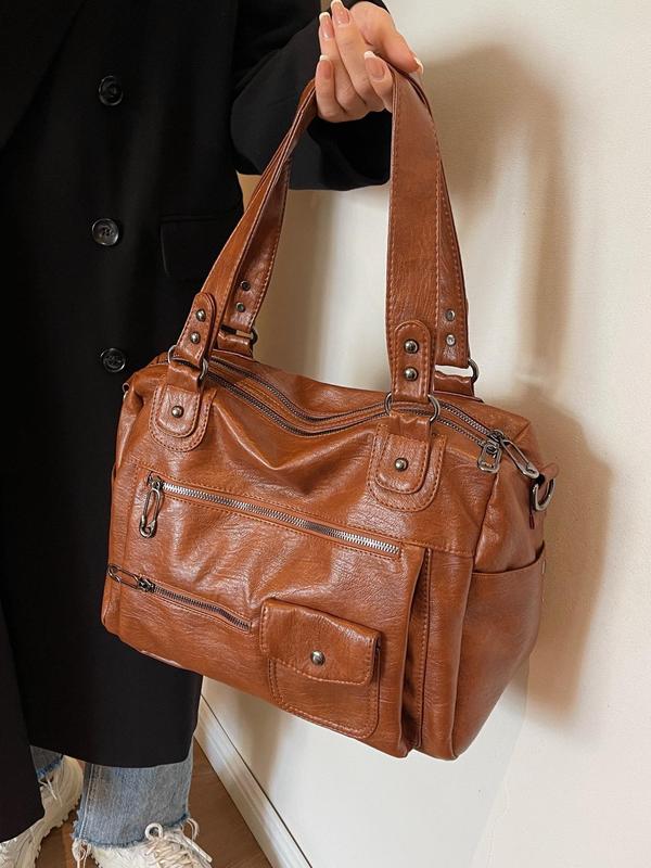 Women's Fashion Elegant Large Capacity Tote Bag, Vintage Trendy Pu Leather Shoulder Bag, Casual Versatile Zipper Tote Bag for Trip & Business, Designer Bags 3