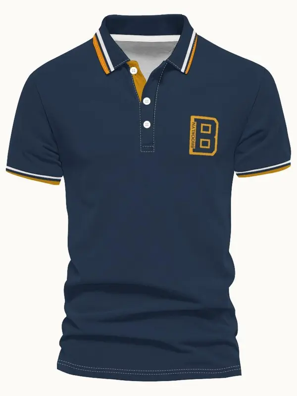 Men's Regular Fit Letter Print Stripe Trim  Polo Shirt, Casual Short Sleeve Half Zip Up Collar Top for Summer, Fashion Men's Clothes for Daily Wear, Tropical 6