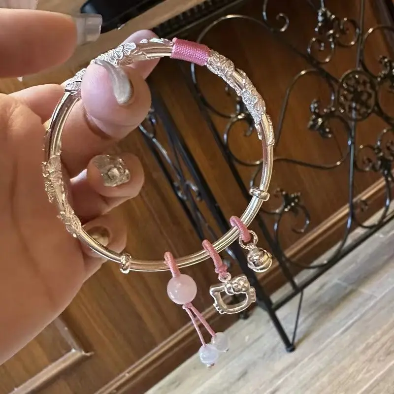 Vòng Tay Mặt Dây Chuyền Chuông Hello Kitty, Hoa Như Thổ Cẩm, Màu Hồng, Có Thể Điều Chỉnh Kéo Đẩy, Cao Cấp, Thích Hợp Cho Trang Phục Thường Ngày Vòng Tay Cô Gái Joker