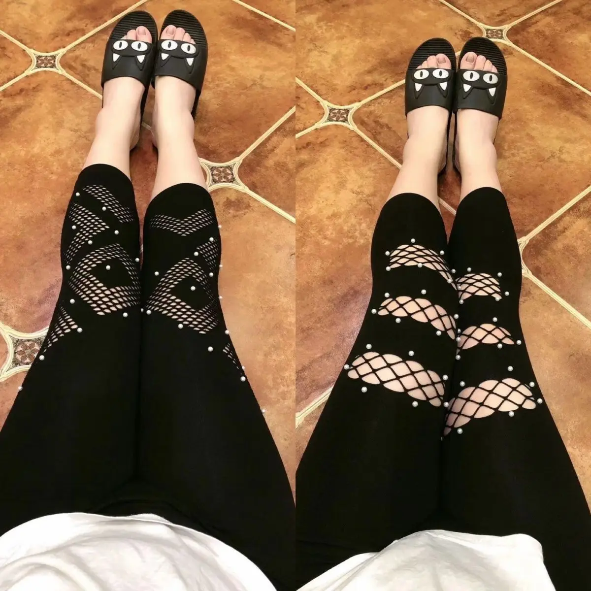 Quần Legging Mùa Hè, Dành Cho Phụ Nữ, Mỏng, Đính Cườm, Lưới Rách, Ngoại Cỡ, Cạp Cao, Bó Sát, Quần Mỏng, Cropped Xén, Có Thể Mặc Ngoài Trời Women Umi
