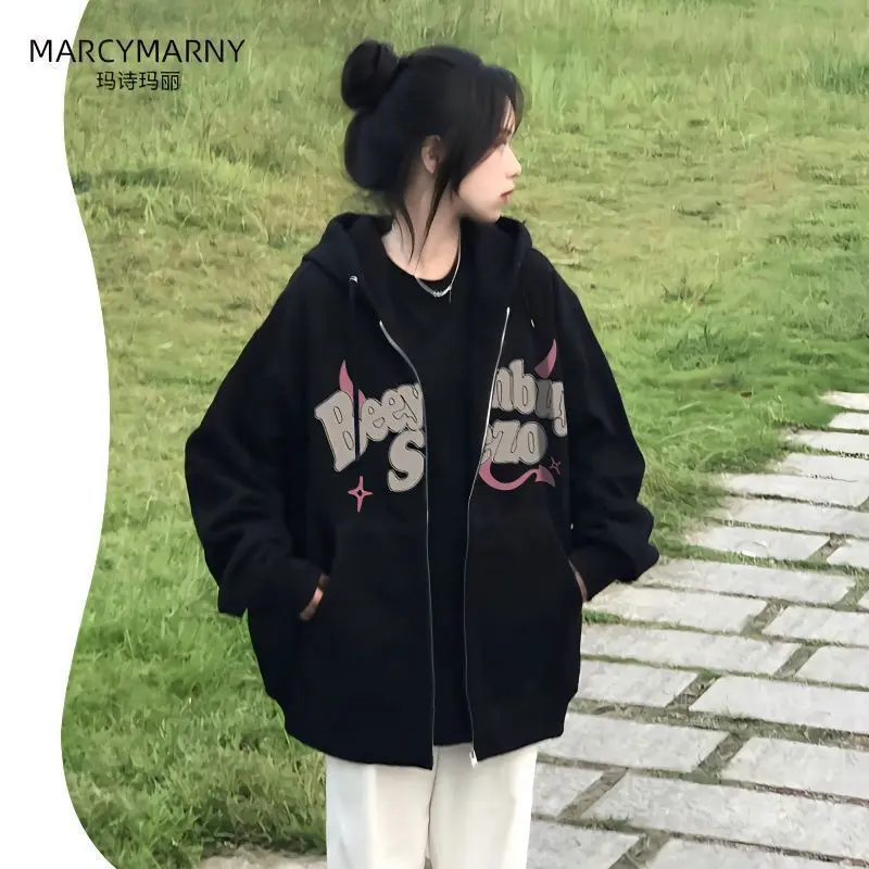 Áo Hoodie Cardigan In Chữ Thương Hiệu Thời Trang Mỹ Áo Khoác Có Khóa Kéo Độc Đáo Mới Mùa Thu Cho Nữ, Thời Trang Ins, Bộ Sưu Tập 2024