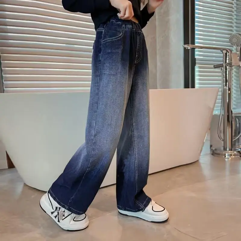 Girls' Gradient Wide-Leg Jeans Spring and Autumn 2024 New Stylish Big Kids Wide-Leg Pants Spring Children's Pants