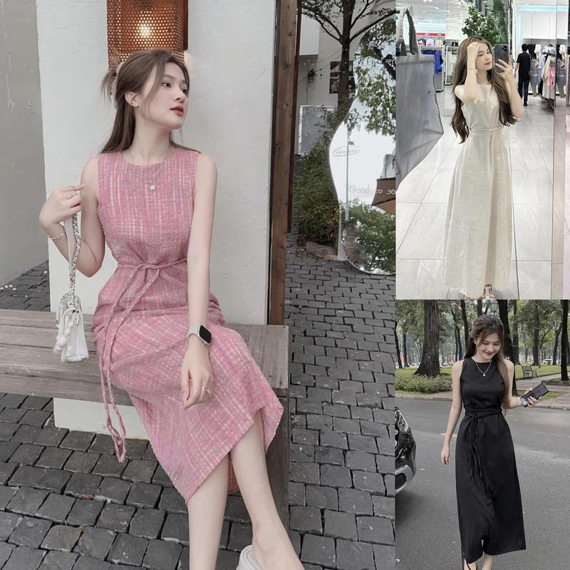 Đầm xuông dài tay sát nách dáng dài  dây buộc eo thiết kế phong cách hàn quốc dễ thương có lót trong, váy nữa hè thu Dress Kem Women Màu Hồng