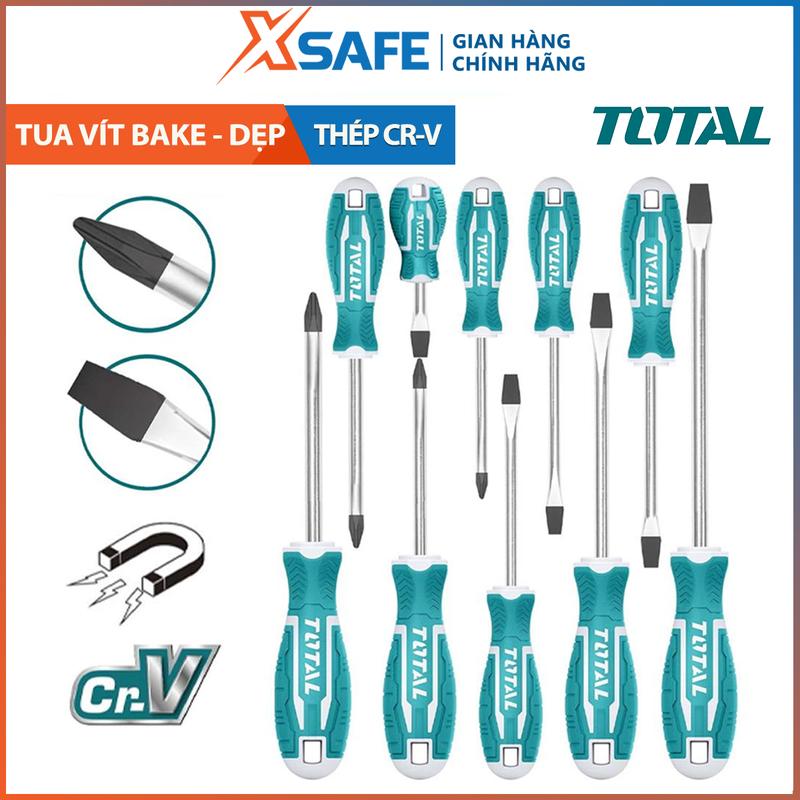 Bộ 10 tua vít TOTAL combo tuốc nơ vít đầu bake dẹp có từ tính chất liệu thép CR-V tay cầm bọc nhựa chống trơn trượt