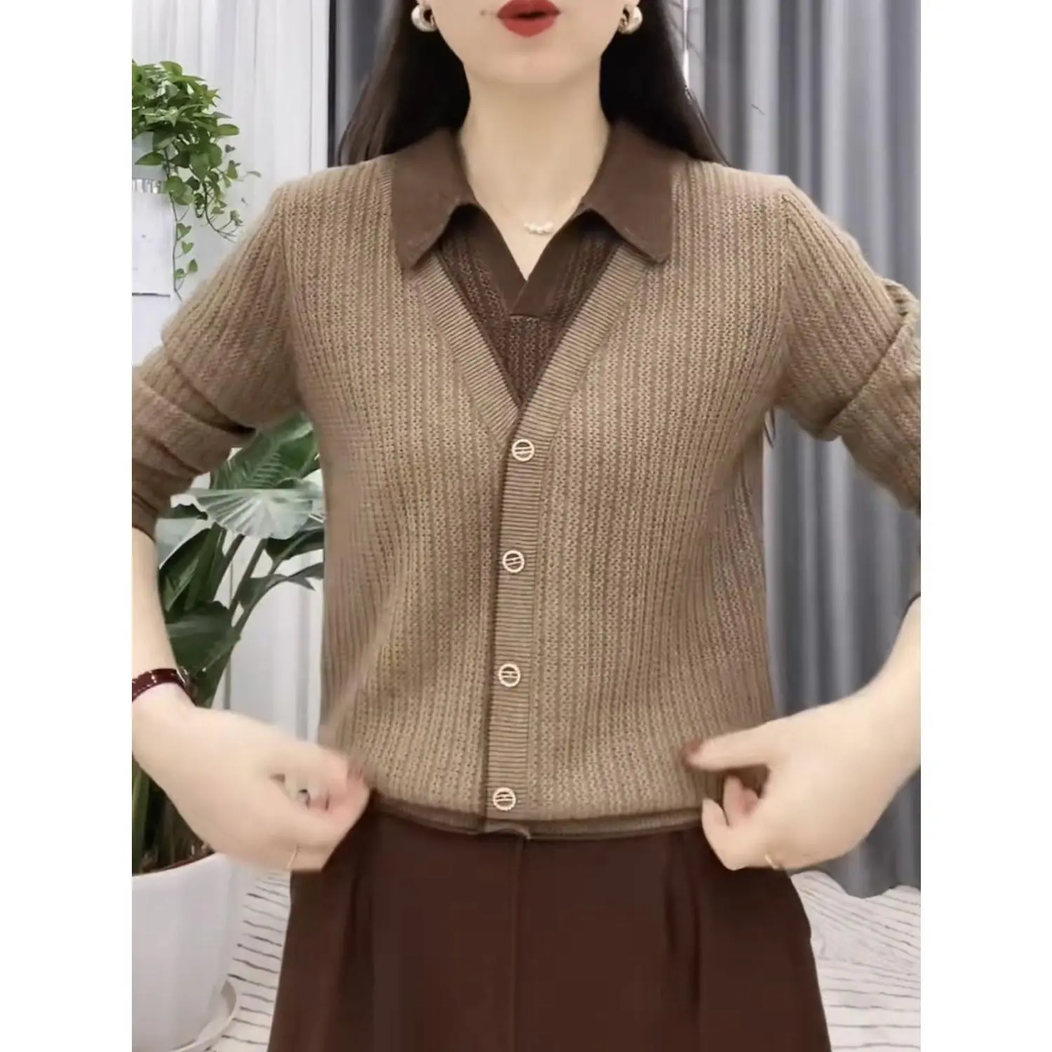 Áo Len Dệt Kim, Dành Cho Nữ, Thời Trang Và Phong Cách, Áo Len Có Ve Áo, Hàng Hóa Thật Giảm Giá, Thích Hợp Cho Mùa Thu Và Mùa Đông, Hàng Mới Về, Áo Len Lớp Nền Ngoài Trời Top Women