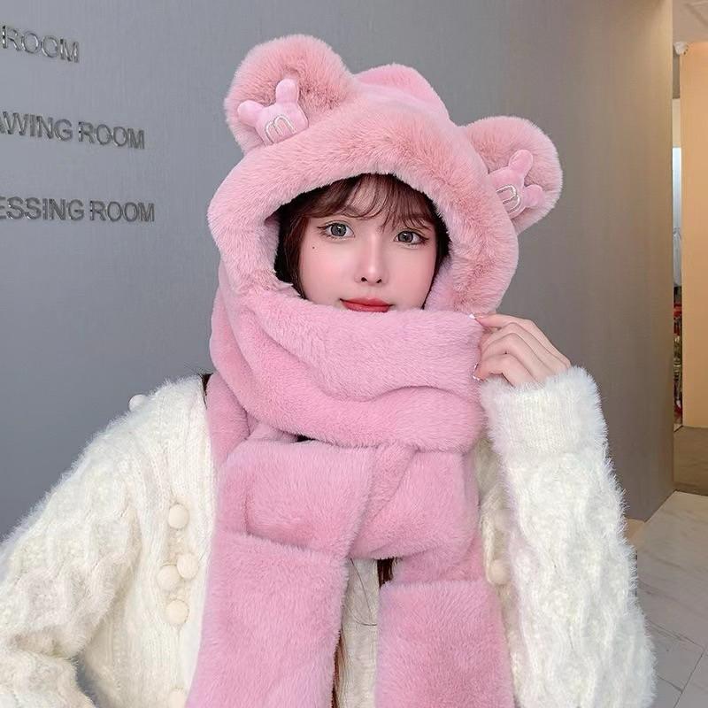 M Nổi Mũ lông cừu tai gấu mũ len nữ trùm đầu kèm khăn quàng cổ Women Hat