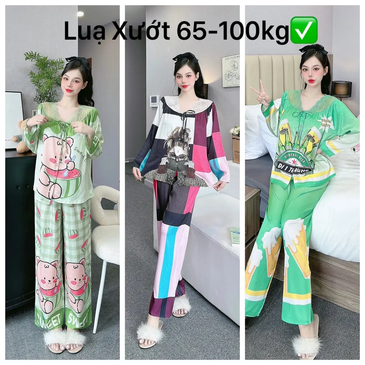 Đồ Bộ Nữ - Cổ Ren ,Tay Dài Quần Dài [ Bigsize 50-100kg ] Vải Lụa Xướt Óng Ánh Mềm Mát