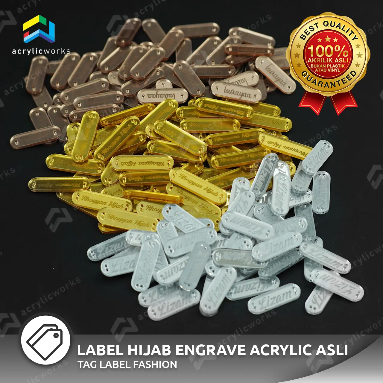Label Hijab Acrylic / Label Akrilik / Label Brand Akrilik Grafir per 50pcs Gold Silver
