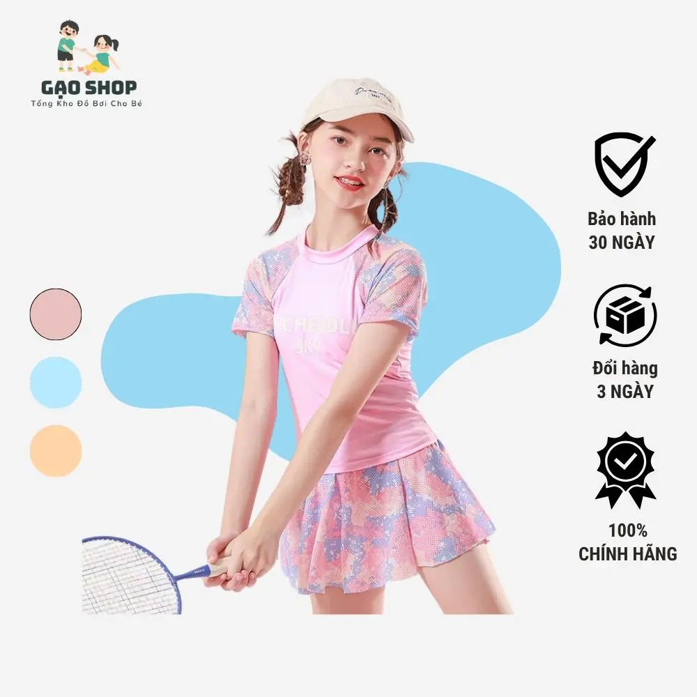 Bộ Đồ Bơi Bé Gái Polyeste Cao Cấp Áo Cộc Tay Chân Váy Kèm Quần 3 Màu Shop Gạo