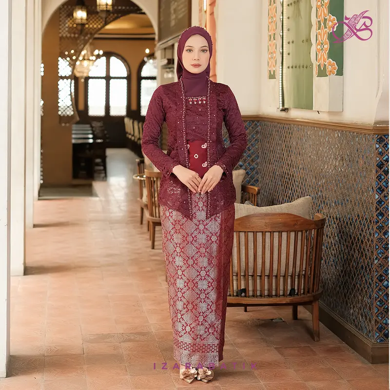 New Laksmi Burgundy - Setelan Baju Kebaya Wanita Songket Brokat Payet Modern Couple Wisuda Lamaran Kondangan Aesthetic [izarabatik] 4