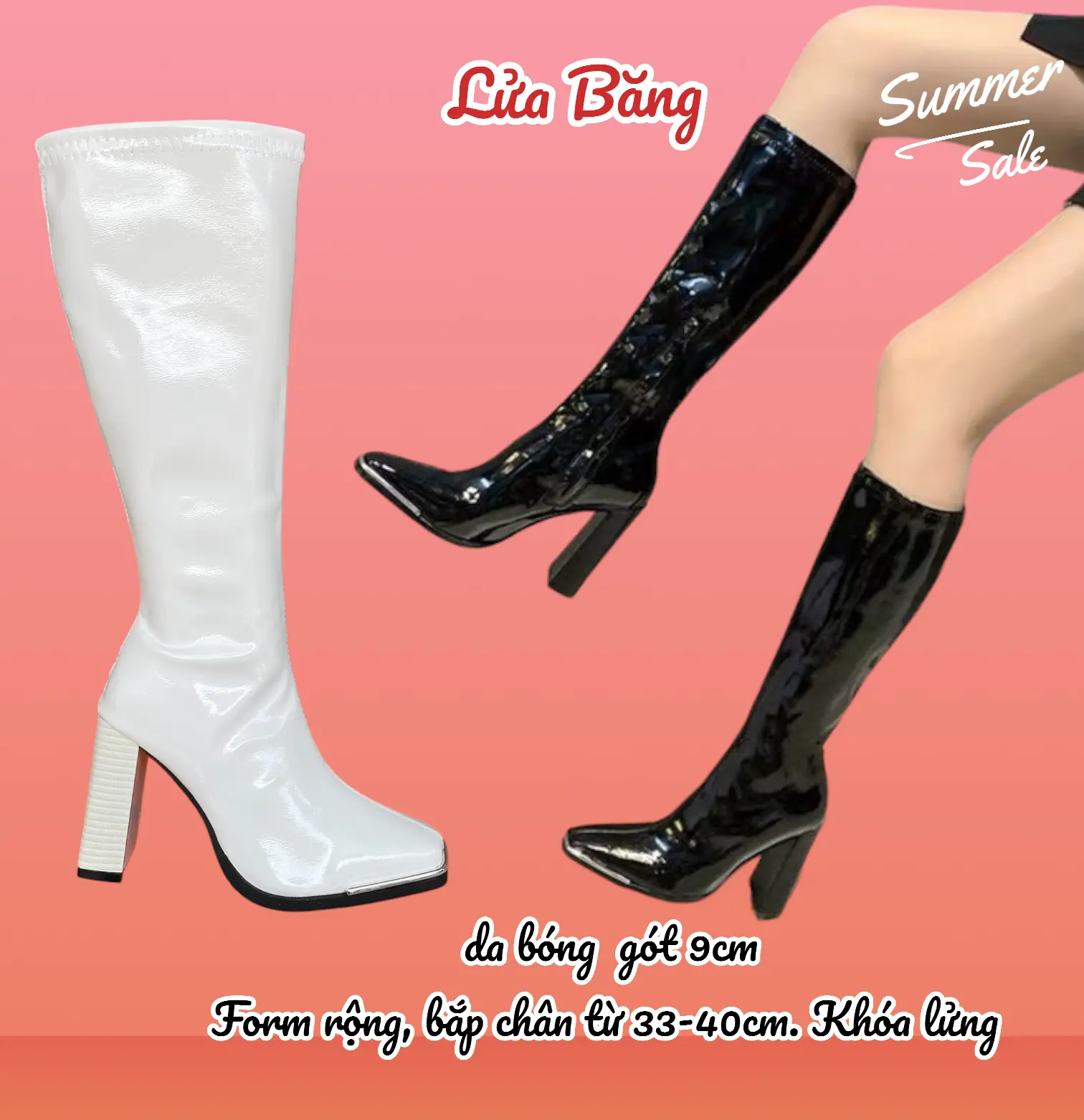 {form to) Boot Đùi và boot cổ lửng da bóng mũi sắt khoá sườn 9 phân (bắp từ 34-40cm đi vừa) và da bóng bắp nhỏ 7p Bốt Nữ Cổ Cao bố t
