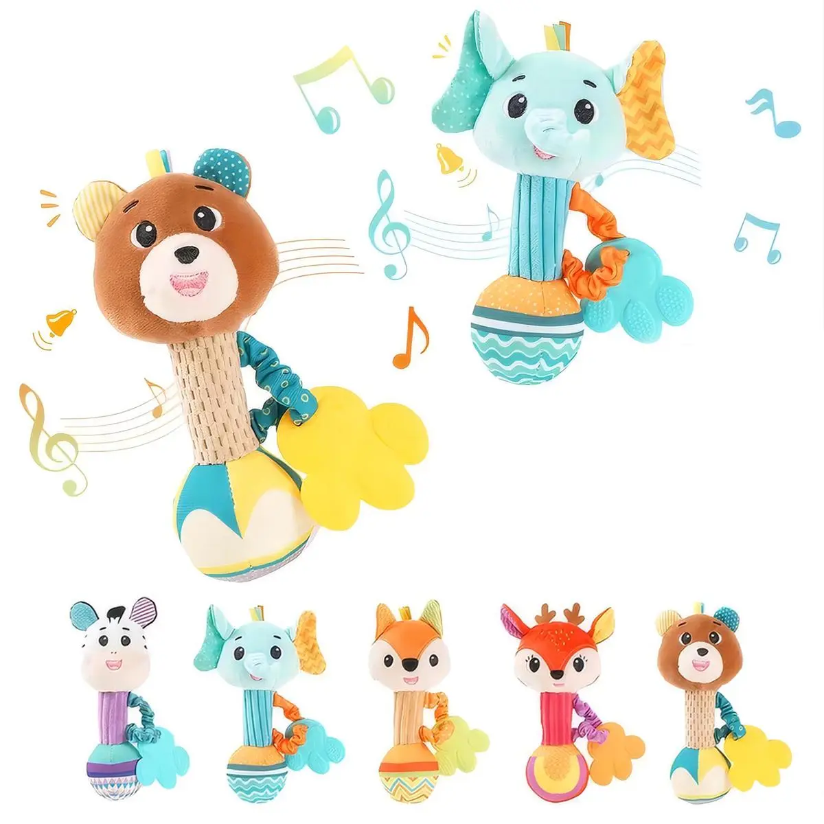 Cute Baby Rattles, 1 Count Soft Stuffed Animal Rattle Hand Grip Baby Toys, Shaker Crinkle Squeaky Sensory Travel Accessories for Toddler Gifts, Valentine's Day Gift