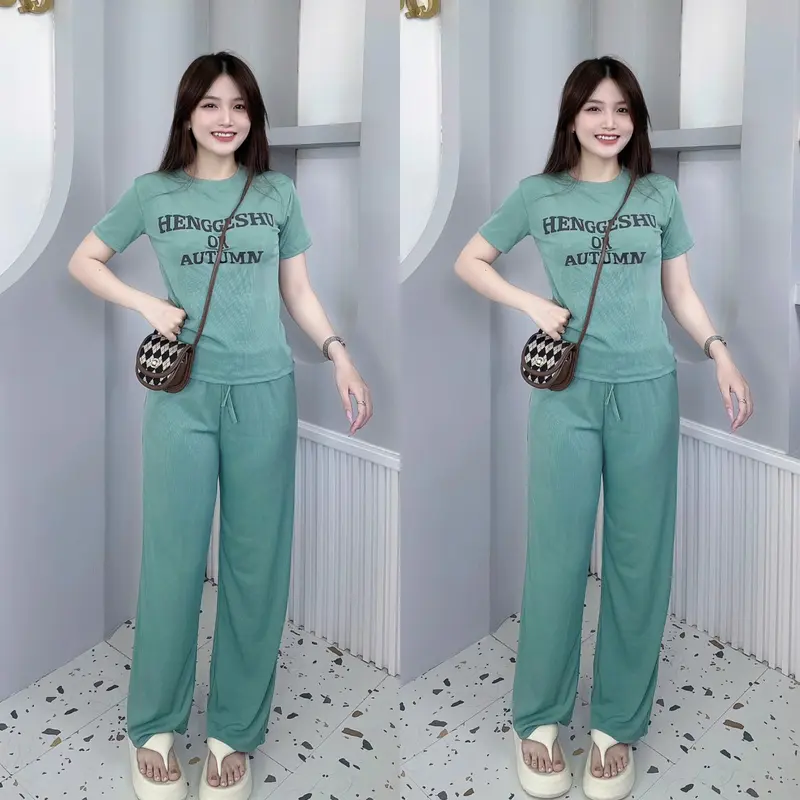 Bộ Nữ Tăm Lạnh Quần Suông + Áo Tay Ngắn Cổ Tròn Phối Chữ Bigsize 45-75kg 1
